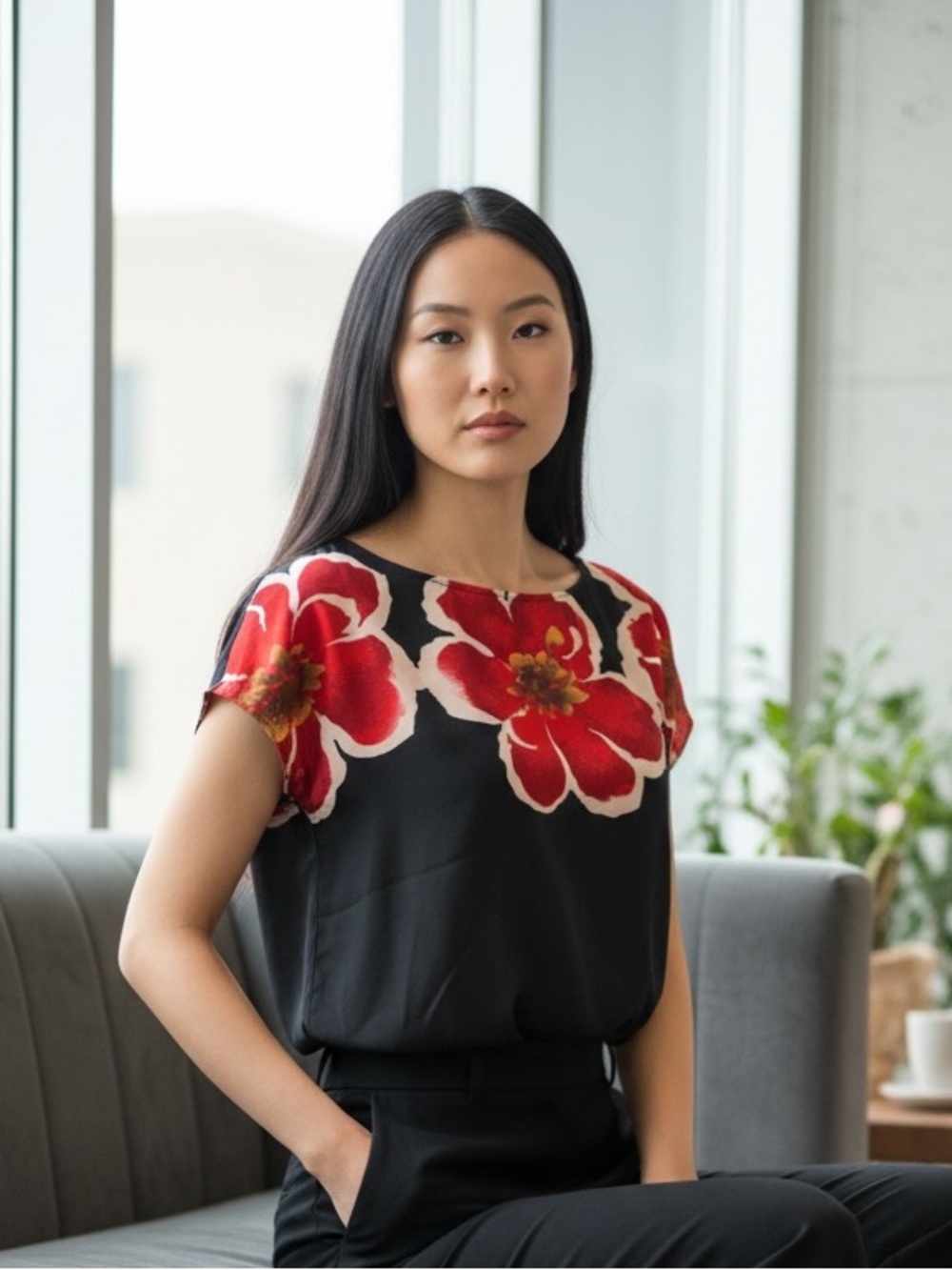 Black Floral Cap-Sleeve Blouse with Red Bloom Accents
